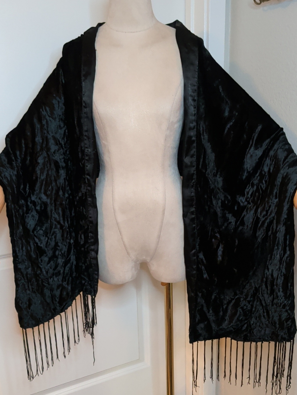 Vintage Black Velvet & Satin Shawl Scarf Fringe Edges Formal Elegant 75"